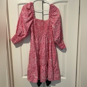 Pink Smocked Mini Sundress with Puff Sleeves